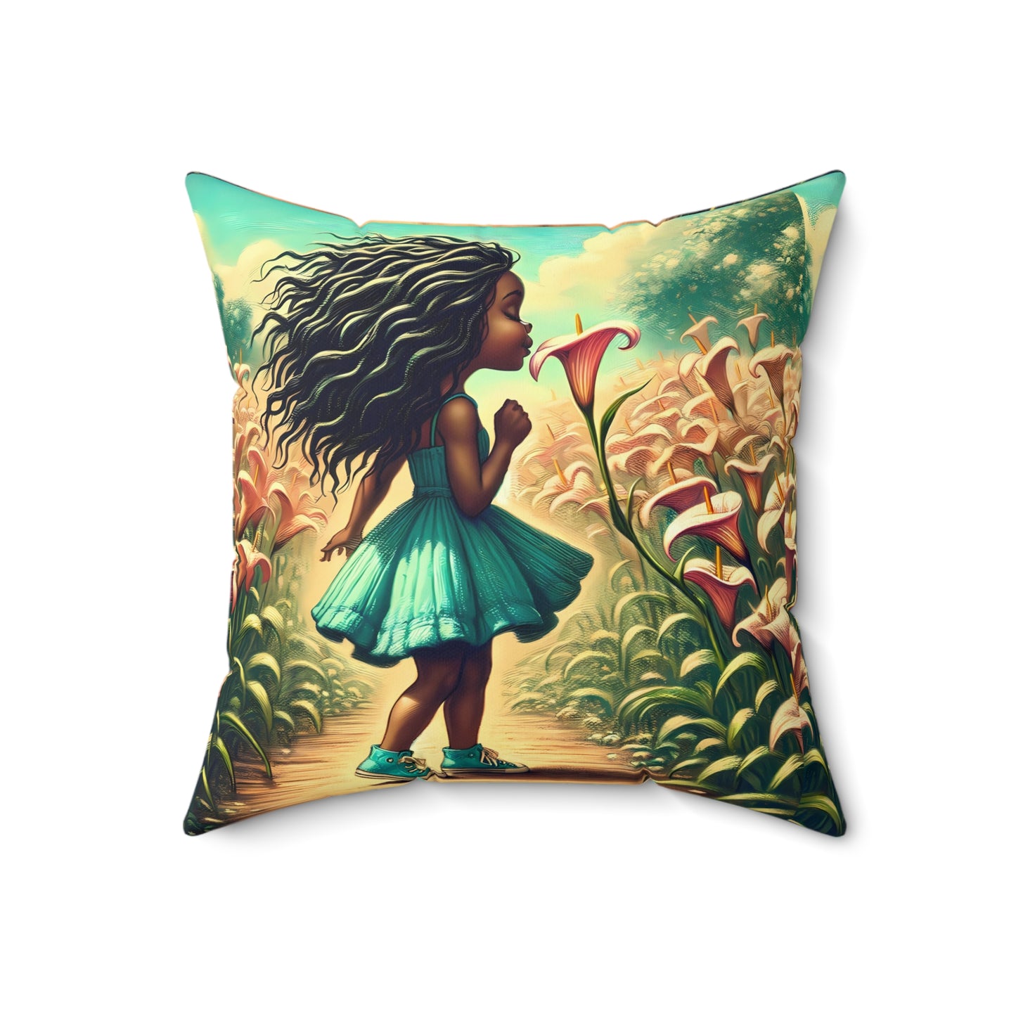 Lily Girl Square Pillow - Enchanted Garden Design for Cozy Spaces