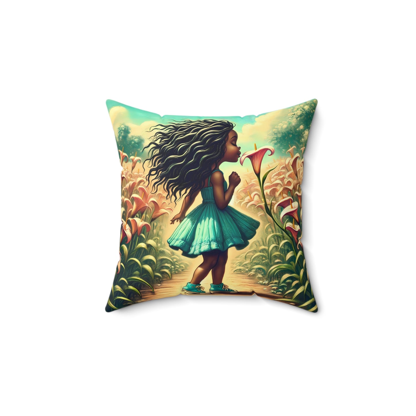 Lily Girl Square Pillow - Enchanted Garden Design for Cozy Spaces