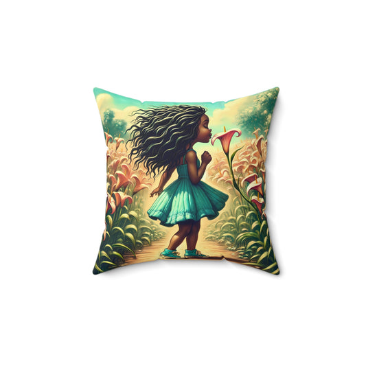 Lily Girl Square Pillow - Enchanted Garden Design for Cozy Spaces