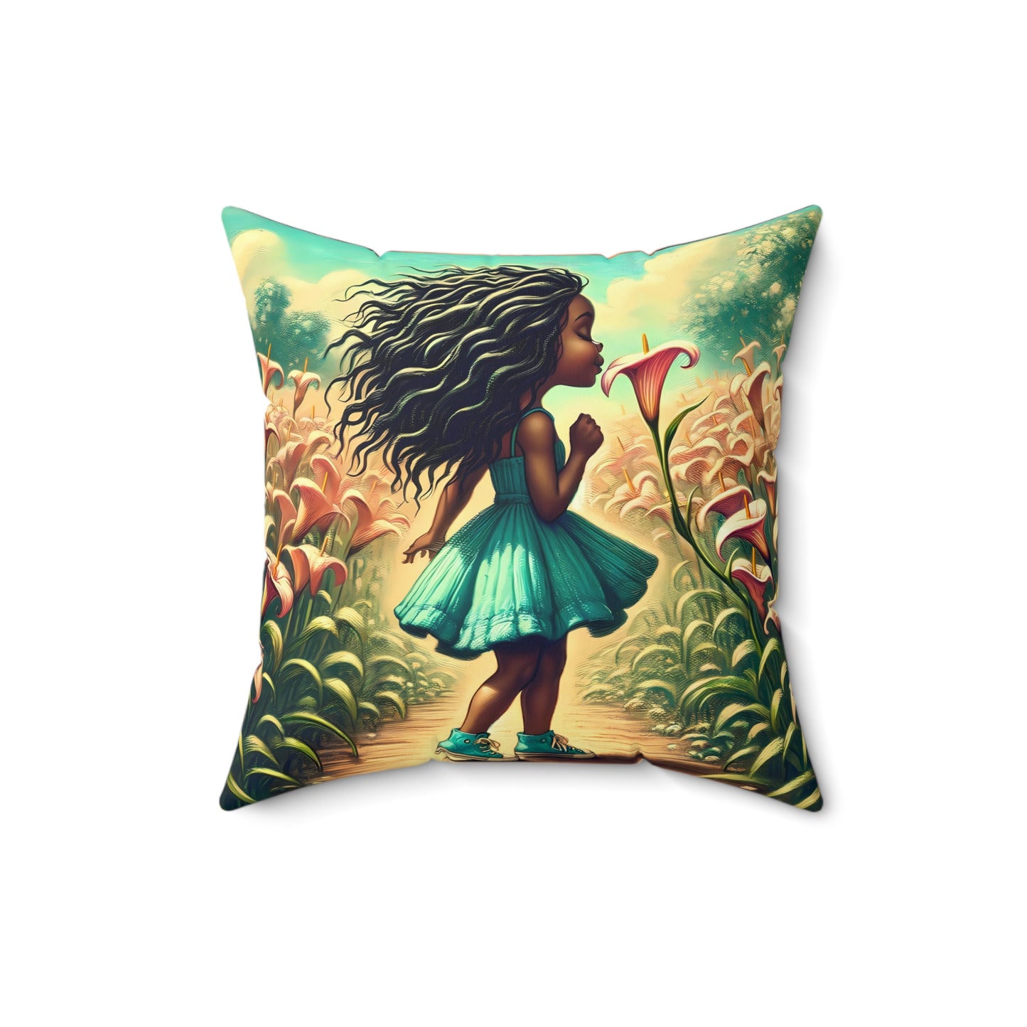 Lily Girl Square Pillow - Enchanted Garden Design for Cozy Spaces