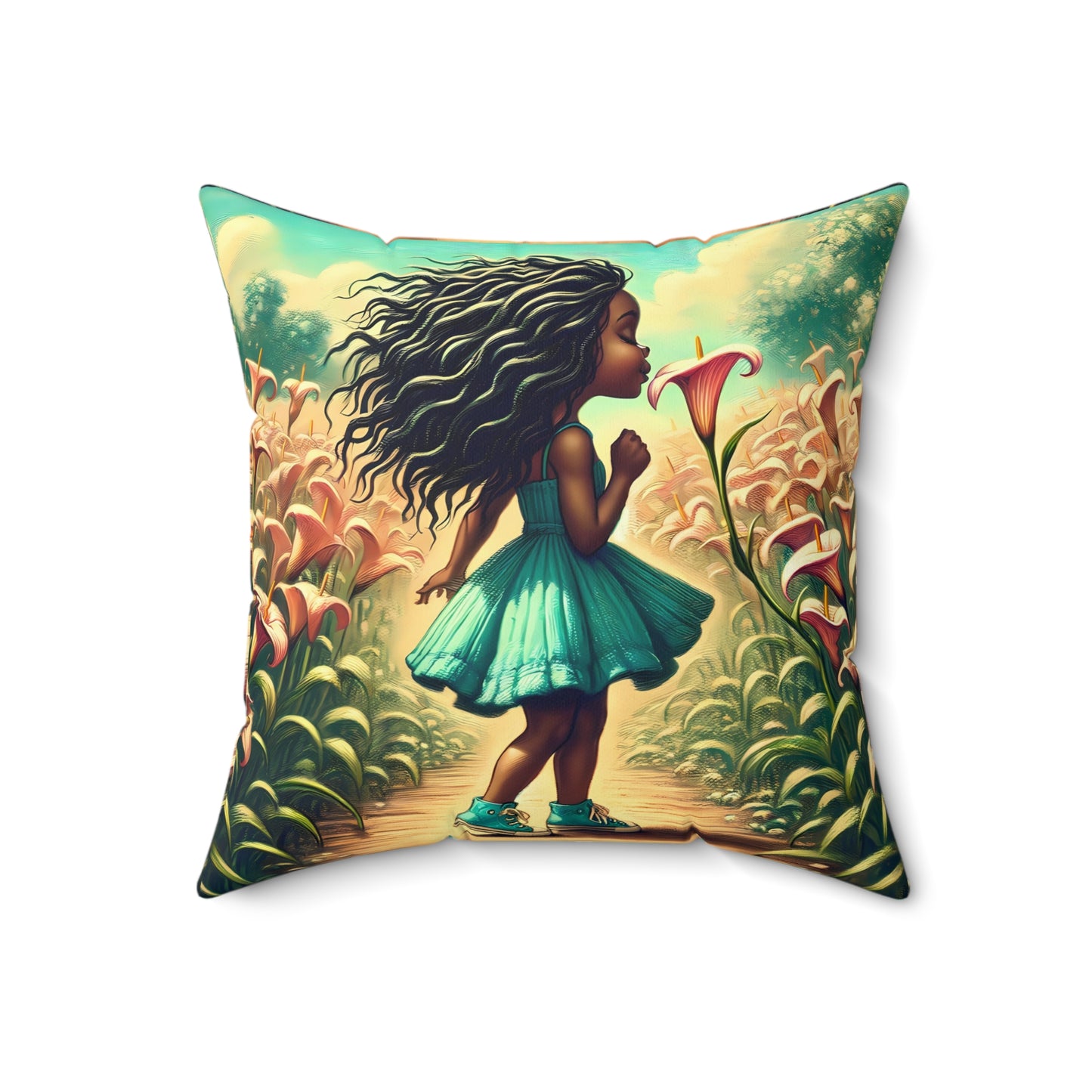 Lily Girl Square Pillow - Enchanted Garden Design for Cozy Spaces