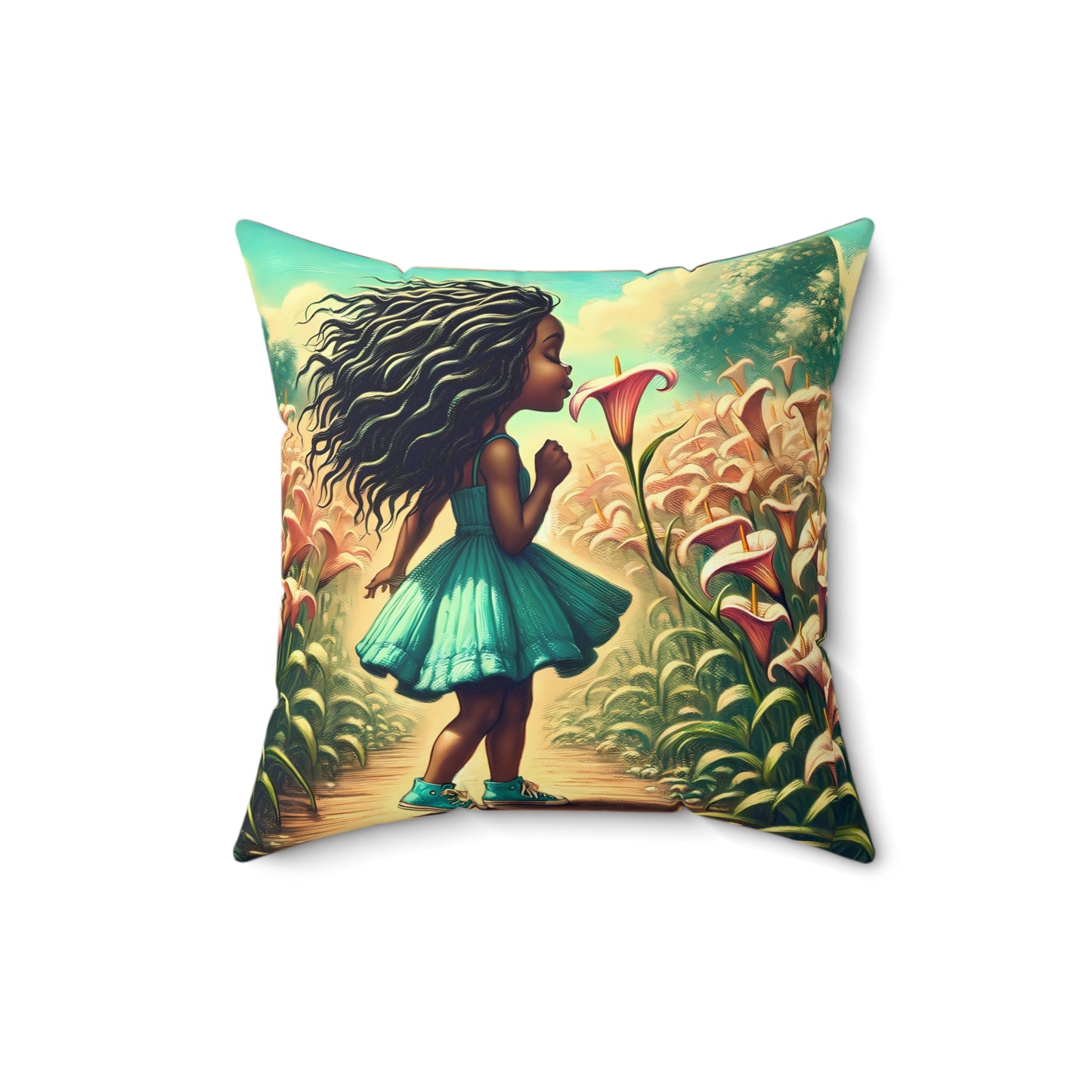 Lily Girl Square Pillow - Enchanted Garden Design for Cozy Spaces